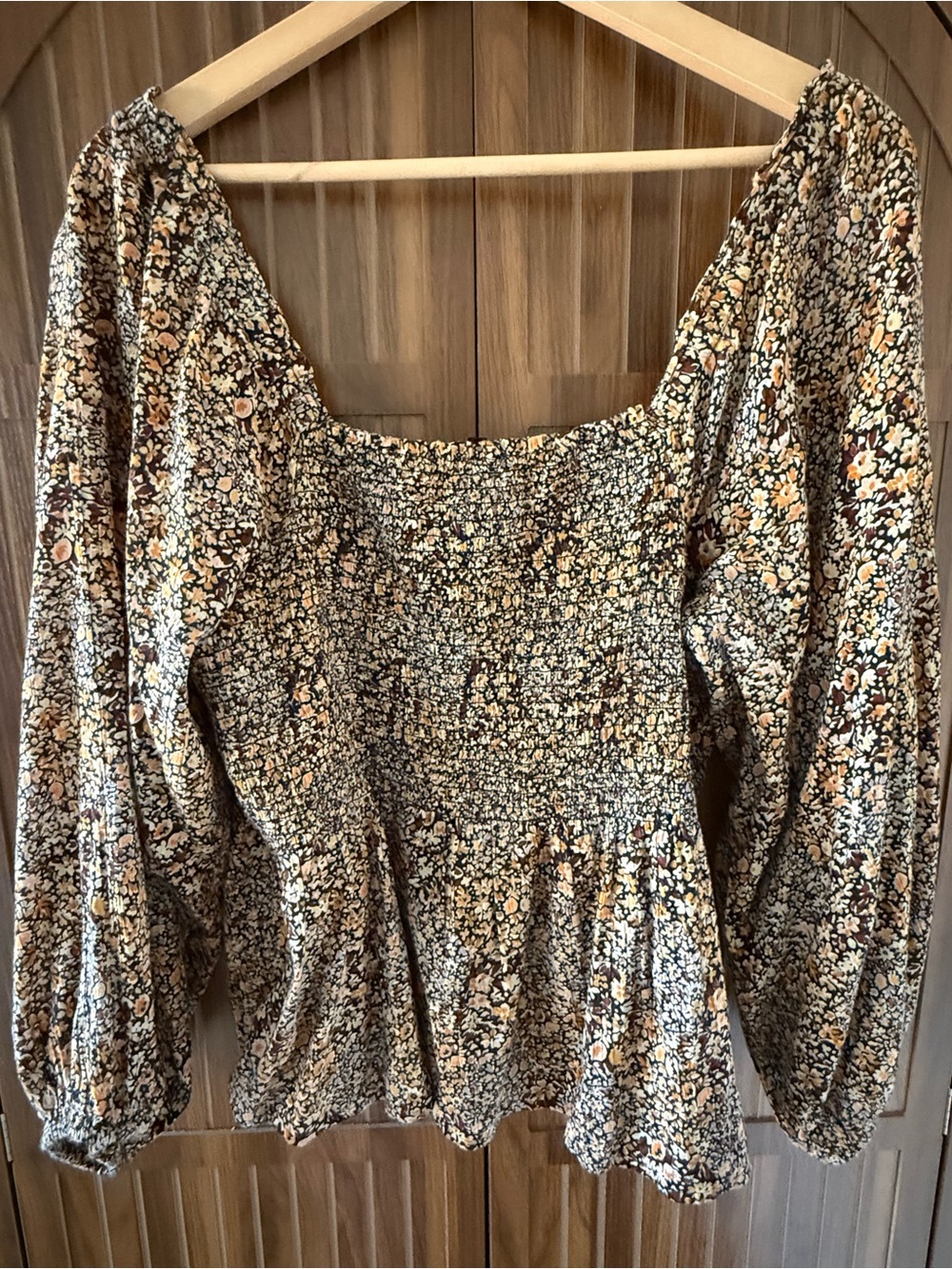 Madewell Brown Floral Smocked Square-Neck Peasant Blouse - Picture 2 of 4